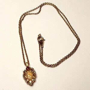 VTG Van Doran Ruby Opal Necklace w/ Box Gold Tone Pendant Genuine Gemstone 18”
